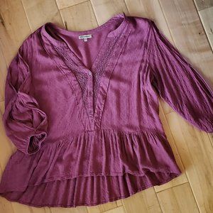 DEMOCRACY BOHO EMBROIDERED COLD SHOULDER RUFFLED MAROON PEASANT TOP - WOMEN'S XL
